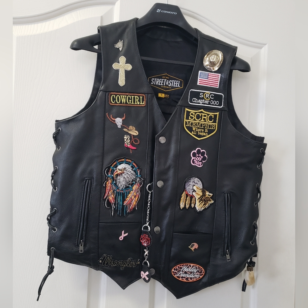 Street & Steel Black Leather Biker Vest with Patches, Pins & Extras